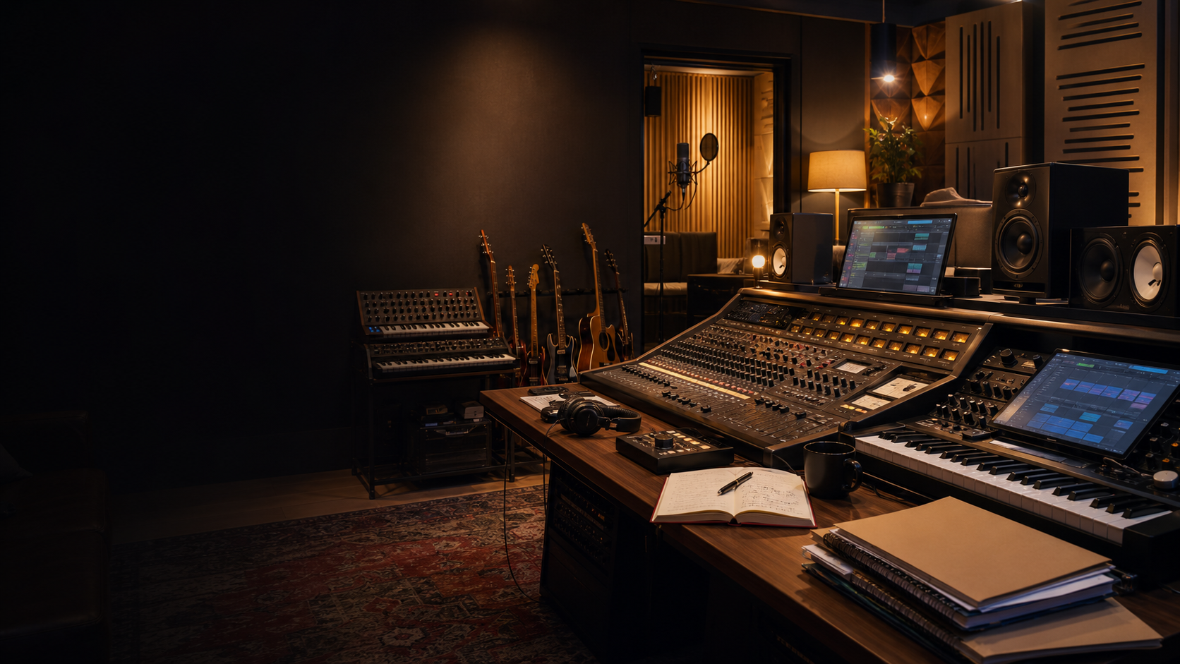 Modernes Musikstudio mit Mischpult, Monitoren, Instrumenten und Vocal Booth